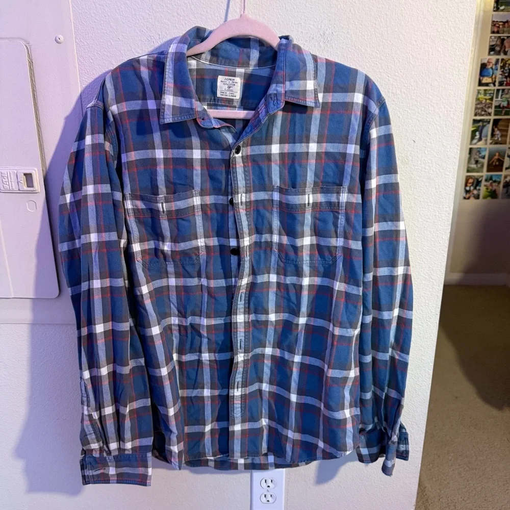 J.Crew Plaid Flannel Shirt Mens Large Blue Red Cotton Button Up Casual Classic